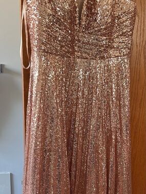 Sequin Spaghetti Strap Evening Gown in Rose Gold